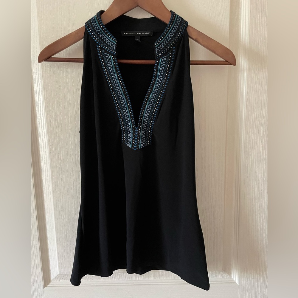 WHBM black sleeveless top with embroidered & beaded vneck